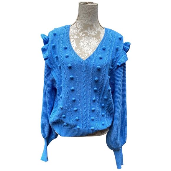 Lilly Pulitzer Greta Size L V-Neck Cable Knit Sweater Blue Boho Feminine Ruffle - Picture 3 of 16